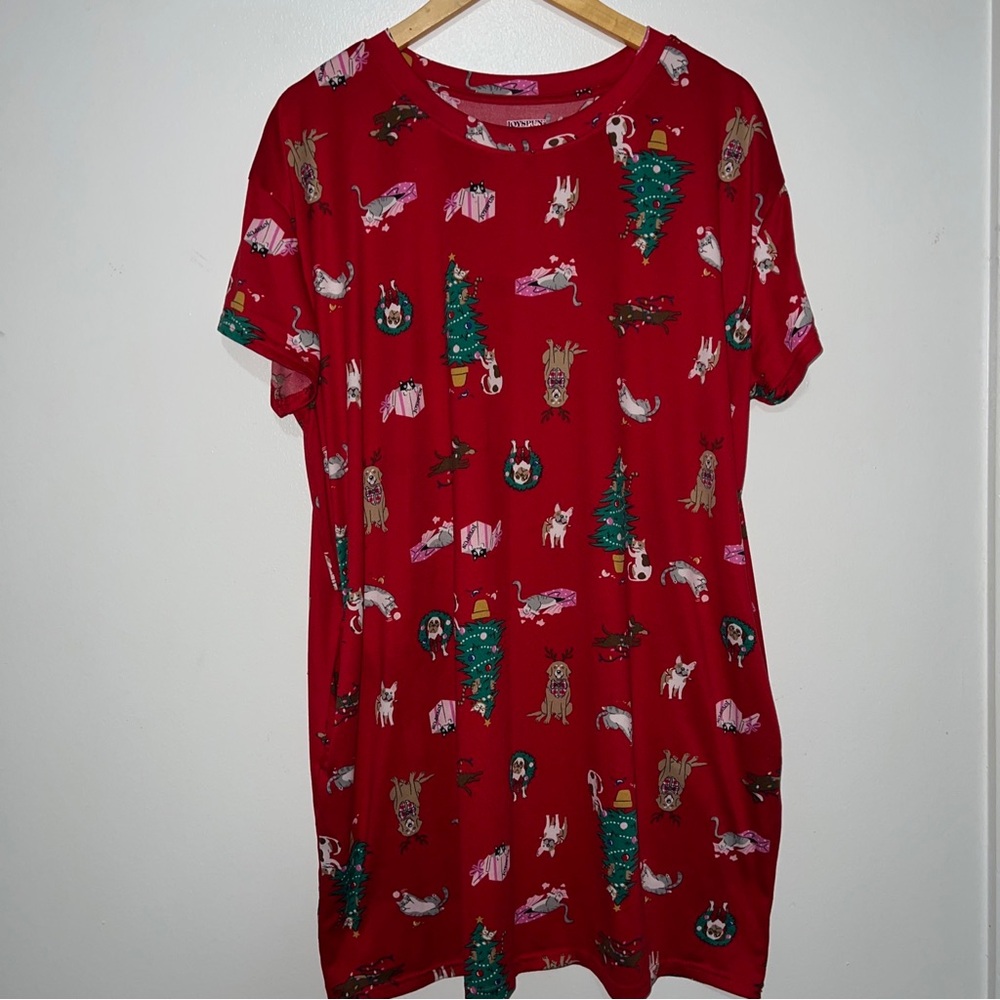 Joyspun Christmas Cat Dog Sleepshirt Nightshirt Nightgown Pockets Red  L/XL